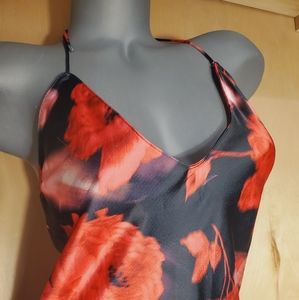 VS L Black & Red Floral Satin Midi Slip Dress